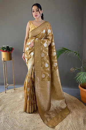 Dark Mustard Floral Woven Cotton Silk Saree