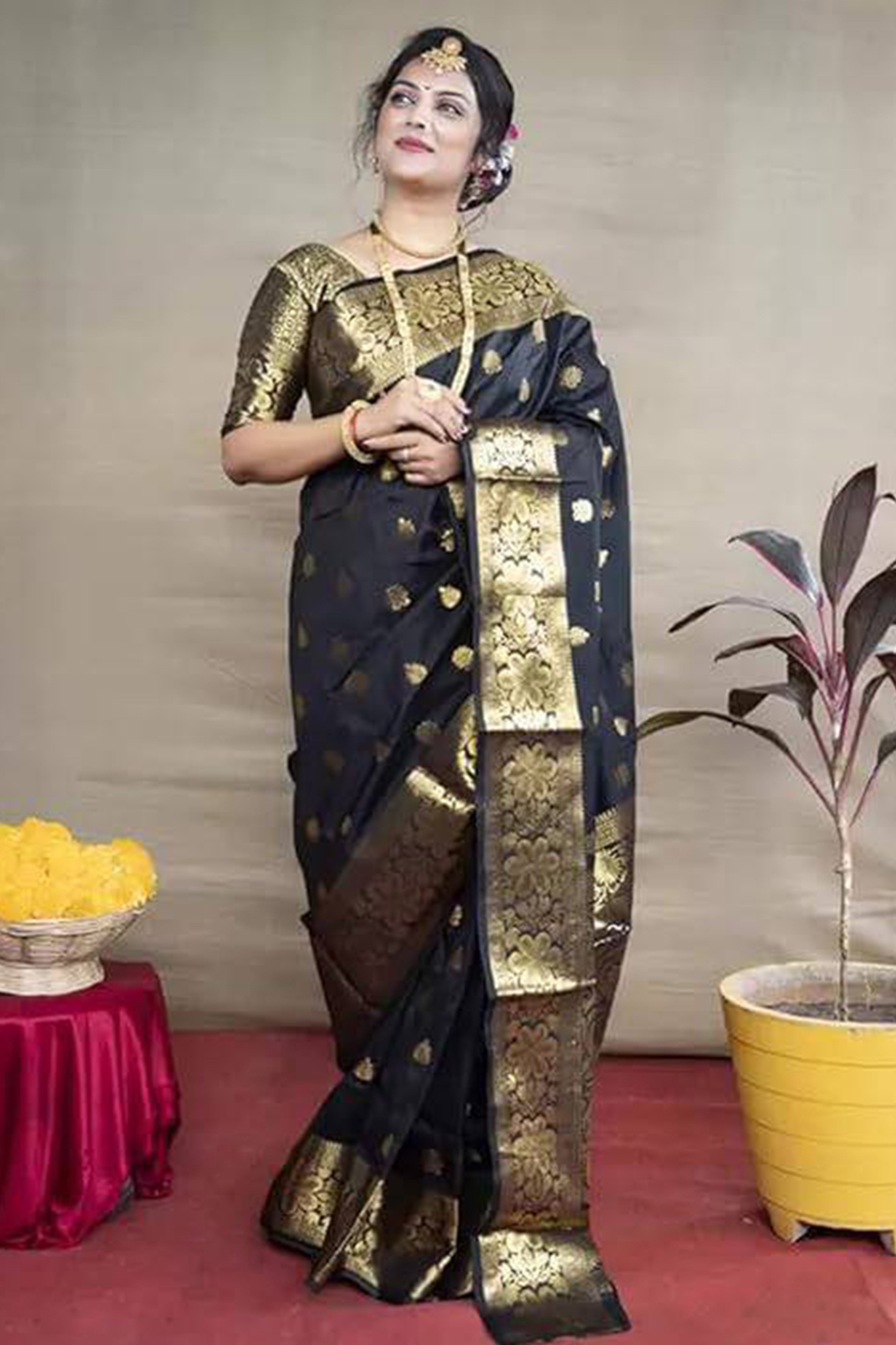 Black Banarasi Silk Saree With Intricate Zari Butti Weaving