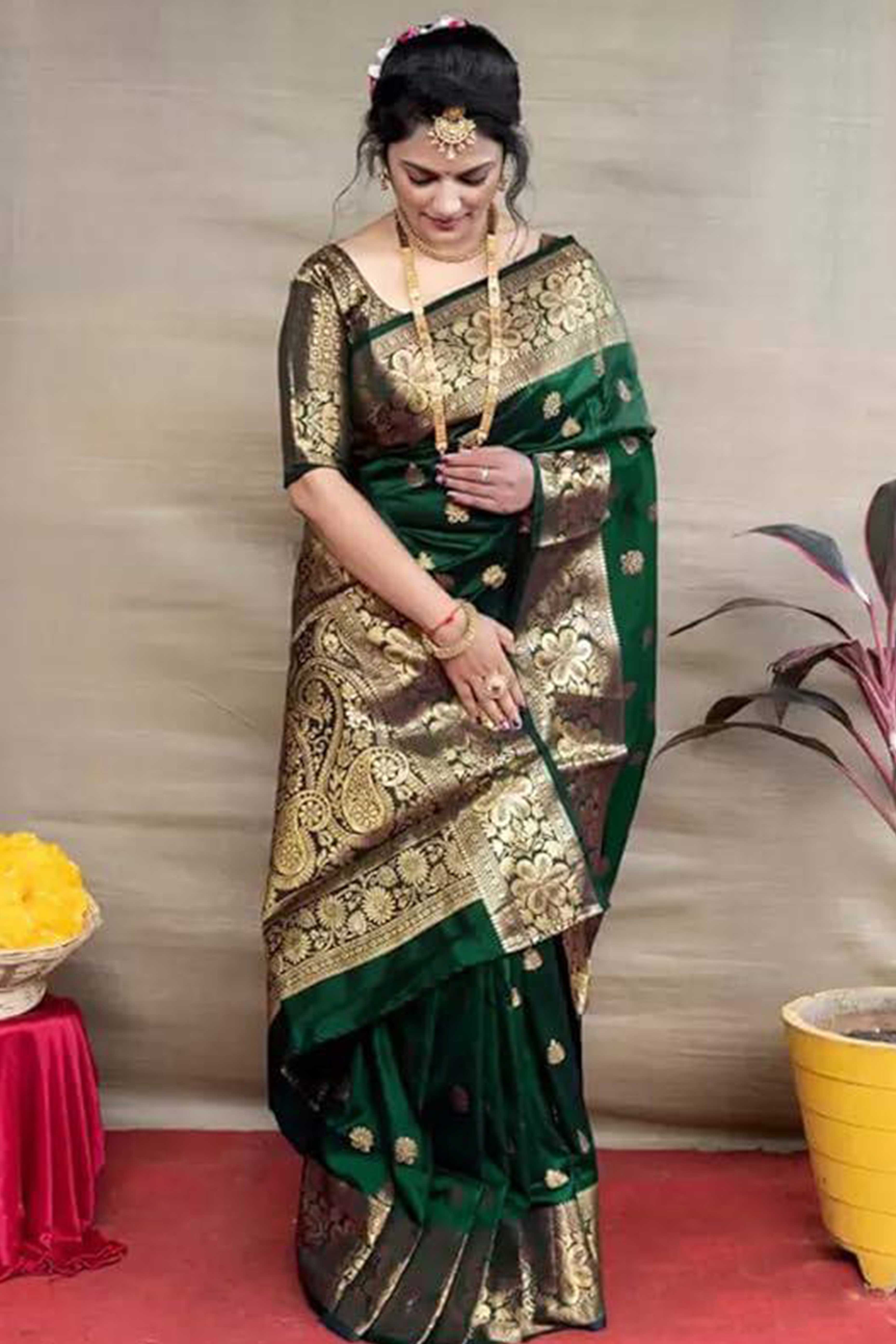 Dark Green Banarasi Silk Saree With Intricate Zari Butti Weaving