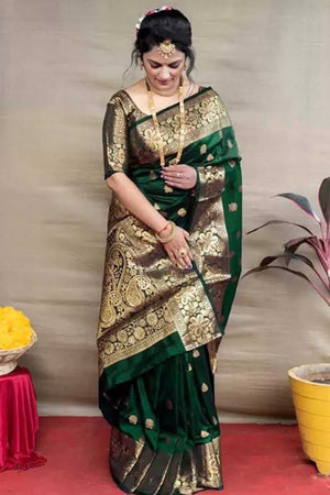 Dark Green Banarasi Silk Saree With Intricate Zari Butti Weaving