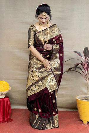 Maroon Banarasi Silk Saree With Intricate Zari Butti Weaving