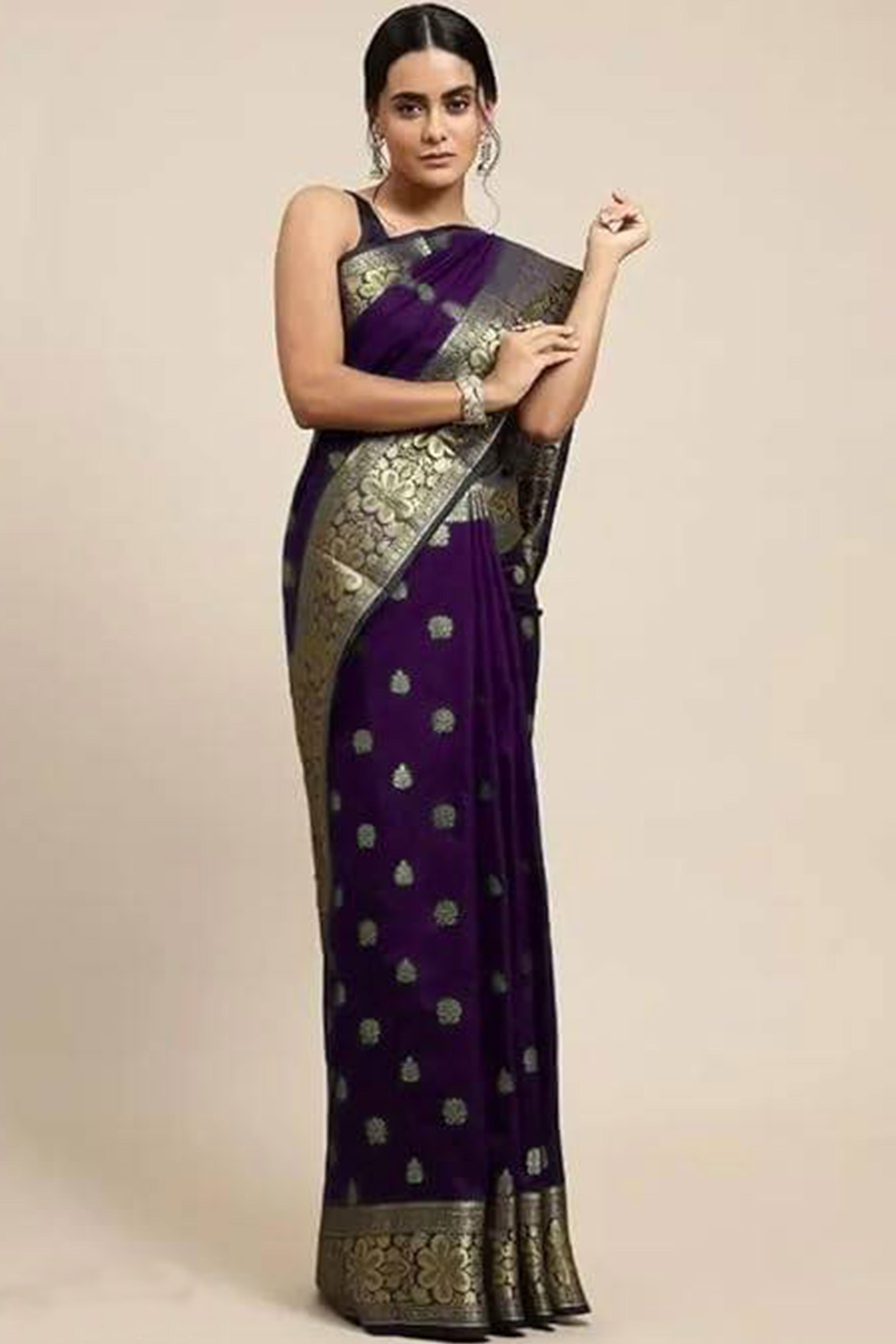 Purple Banarasi Silk Saree With Intricate Zari Butti Weaving