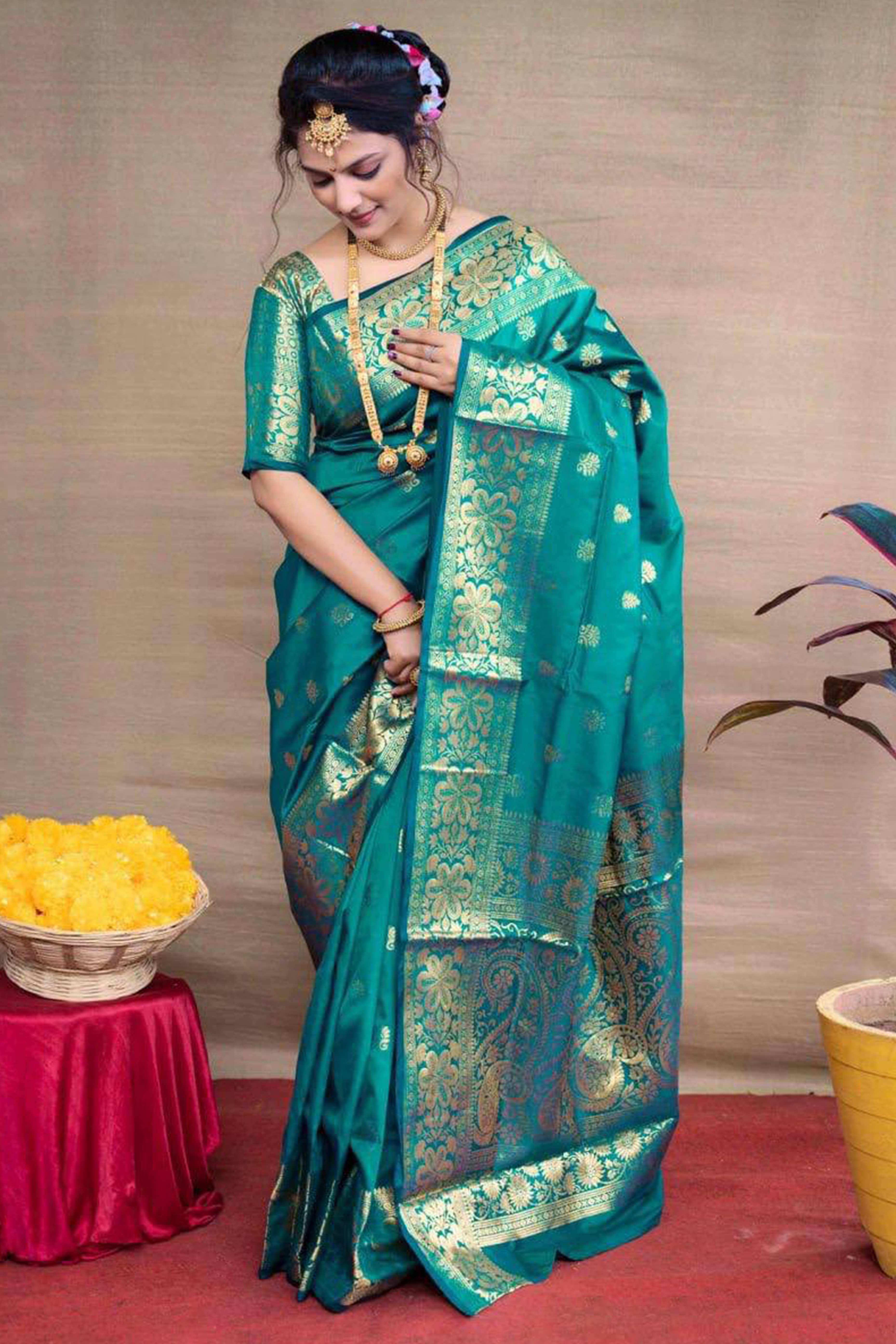 Turquoise Banarasi Silk Saree With Intricate Zari Butti Weaving