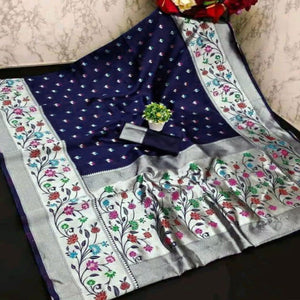Festive Banarasi Silk Paithani Saree in Blue Enhanced with Zari Weaving