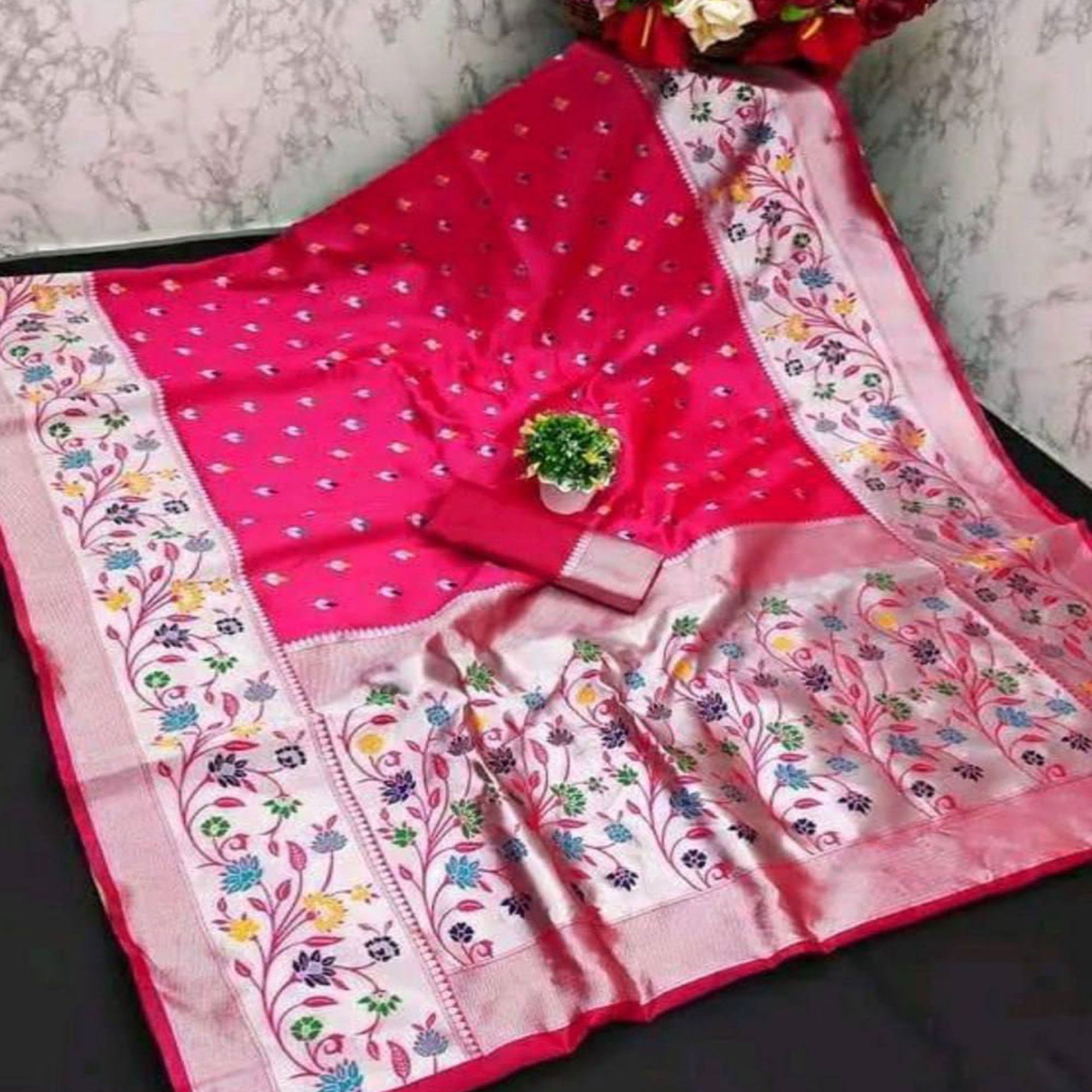 Festive Banarasi Silk Paithani Saree in Magenta Enhanced with Zari Weaving