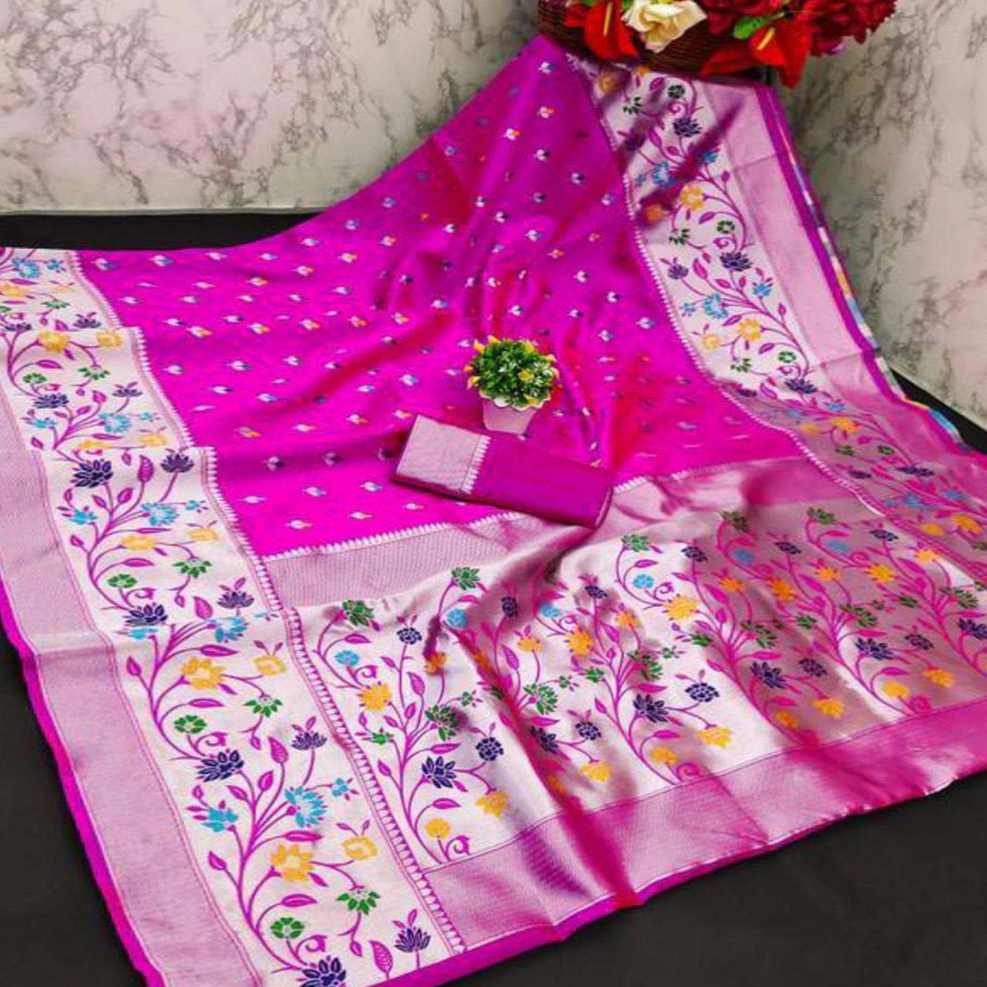 Festive Banarasi Silk Paithani Saree in Rani Pink Enhanced with Zari Weaving