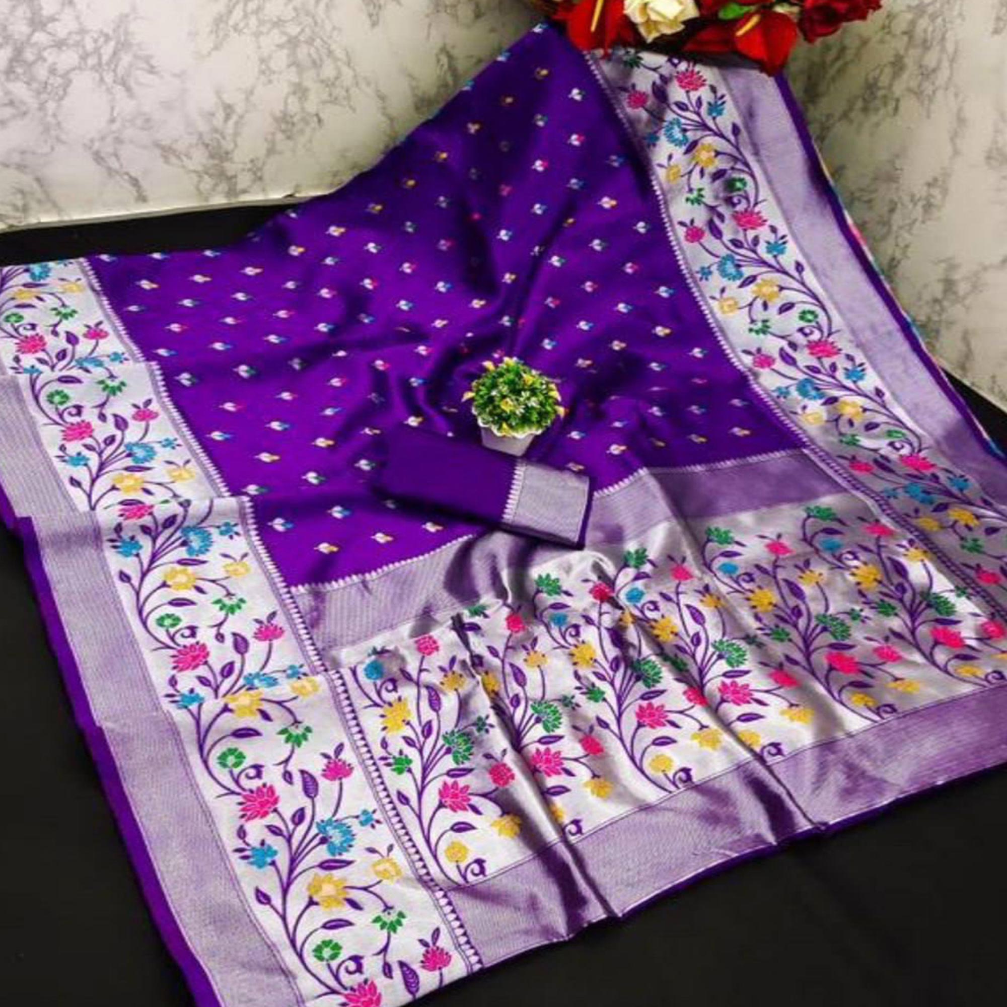 Festive Banarasi Silk Paithani Saree in Violet Enhanced with Zari Weaving