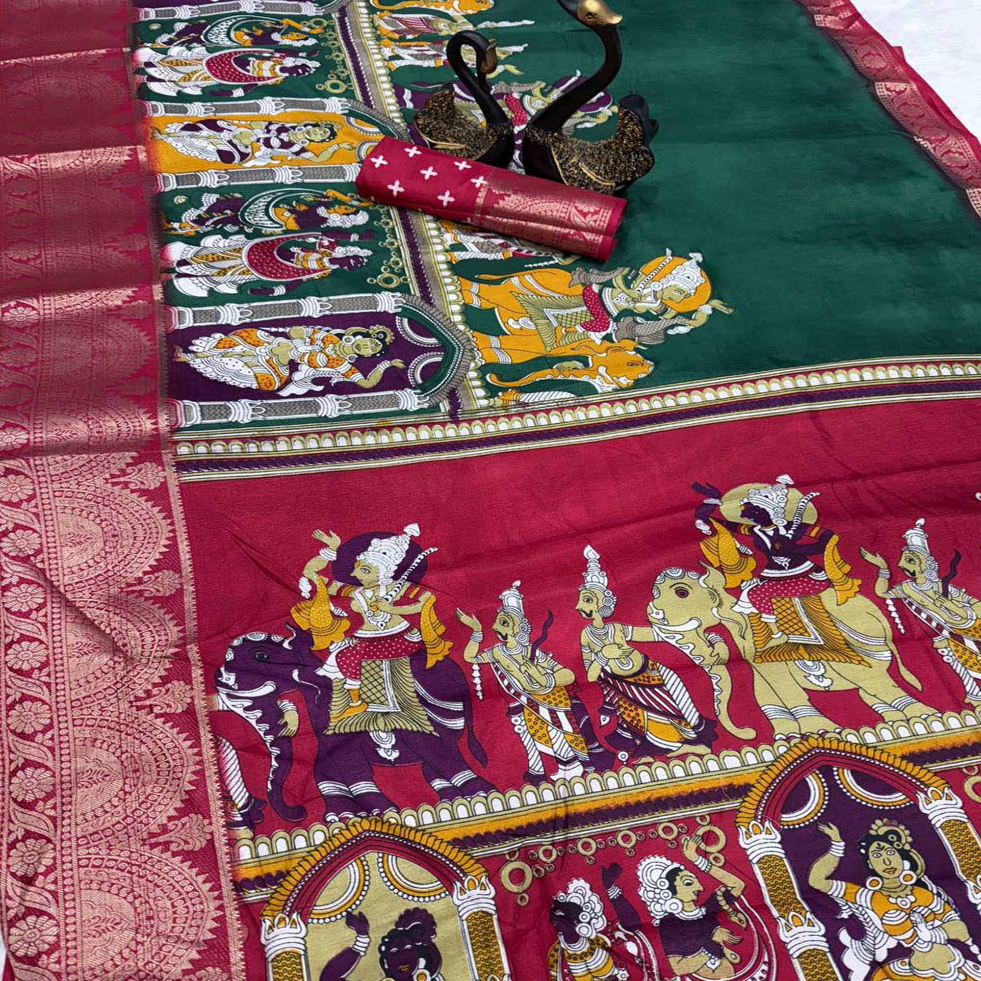 Green Mangalagiri Patterned Dola Silk Saree Accentuated with Gleaming Zari Borders
