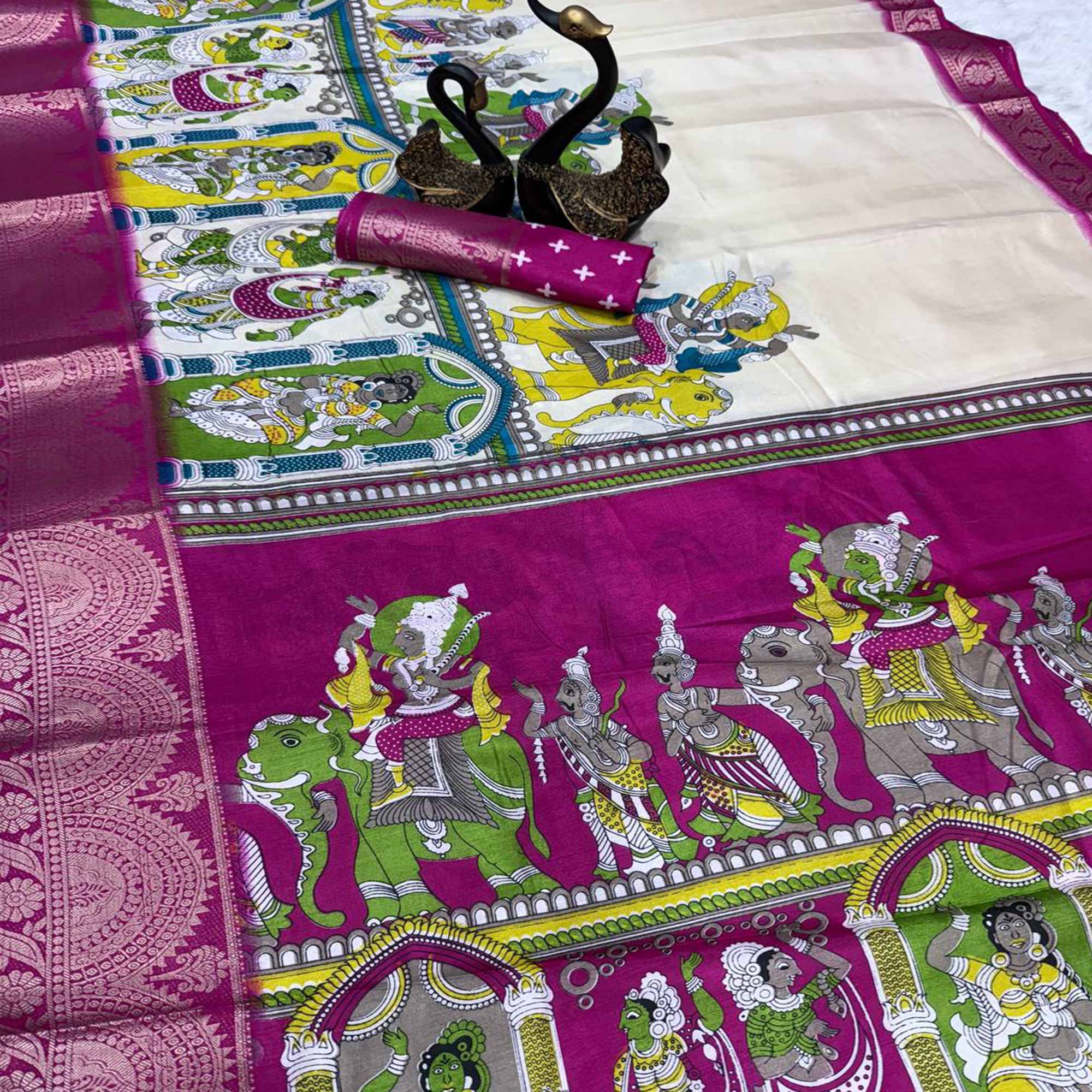 Off White Mangalagiri Patterned Dola Silk Saree Accentuated with Gleaming Zari Borders