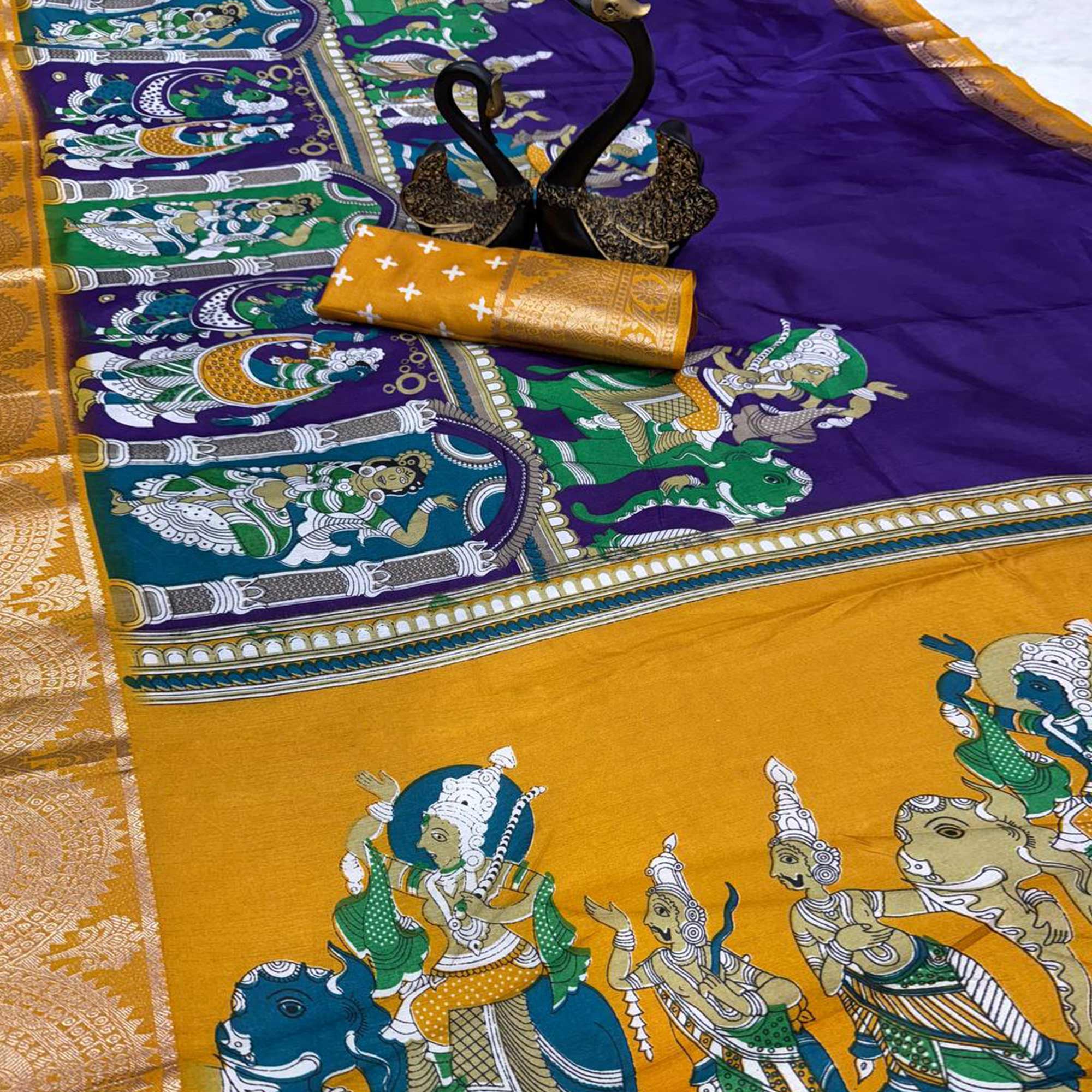 Violet Mangalagiri Patterned Dola Silk Saree Accentuated with Gleaming Zari Borders