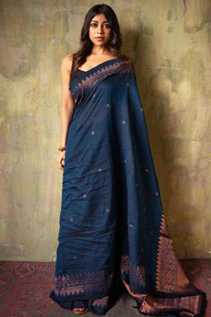 Navy Blue Floral Woven Lichi Banarasi Silk Saree