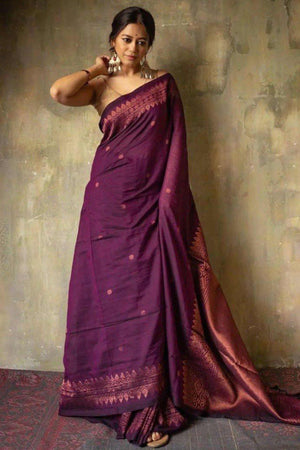 Wine Floral Woven Lichi Banarasi Silk Saree