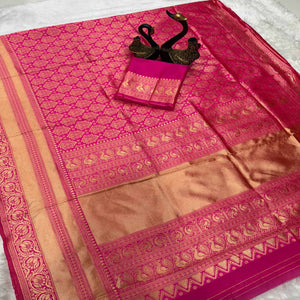 Rani Pink Floral Woven Lichi Banarasi Silk Saree
