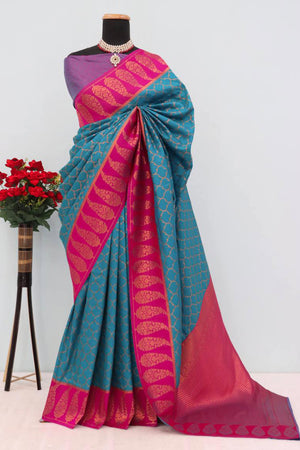 Rama Blue Floral Woven Kanjivaram Silk Saree