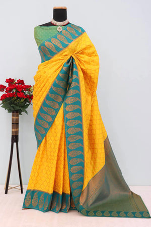 Yellow Floral Woven Kanjivaram Silk Saree