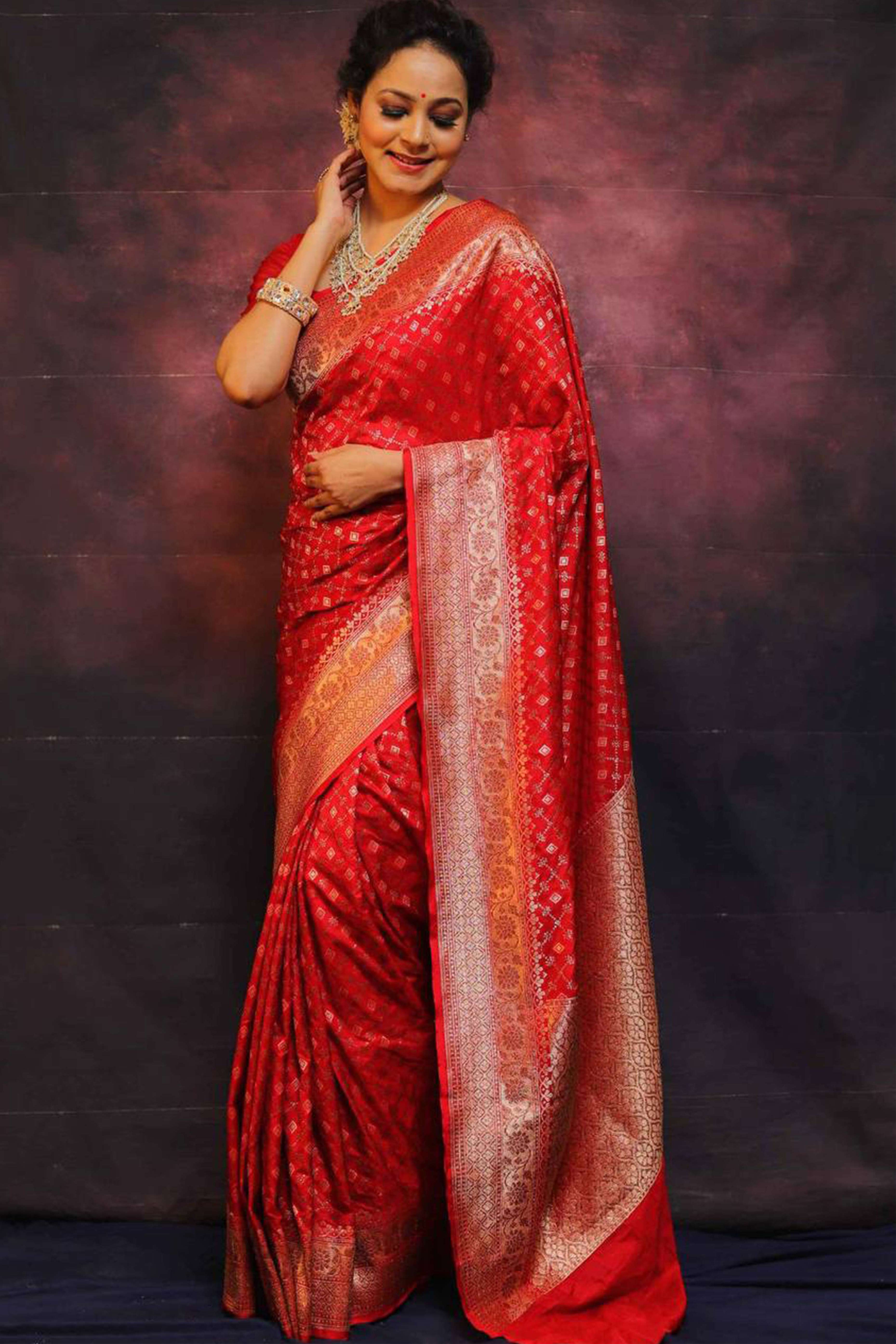 Red Floral Woven Lichi Banarasi Silk Saree
