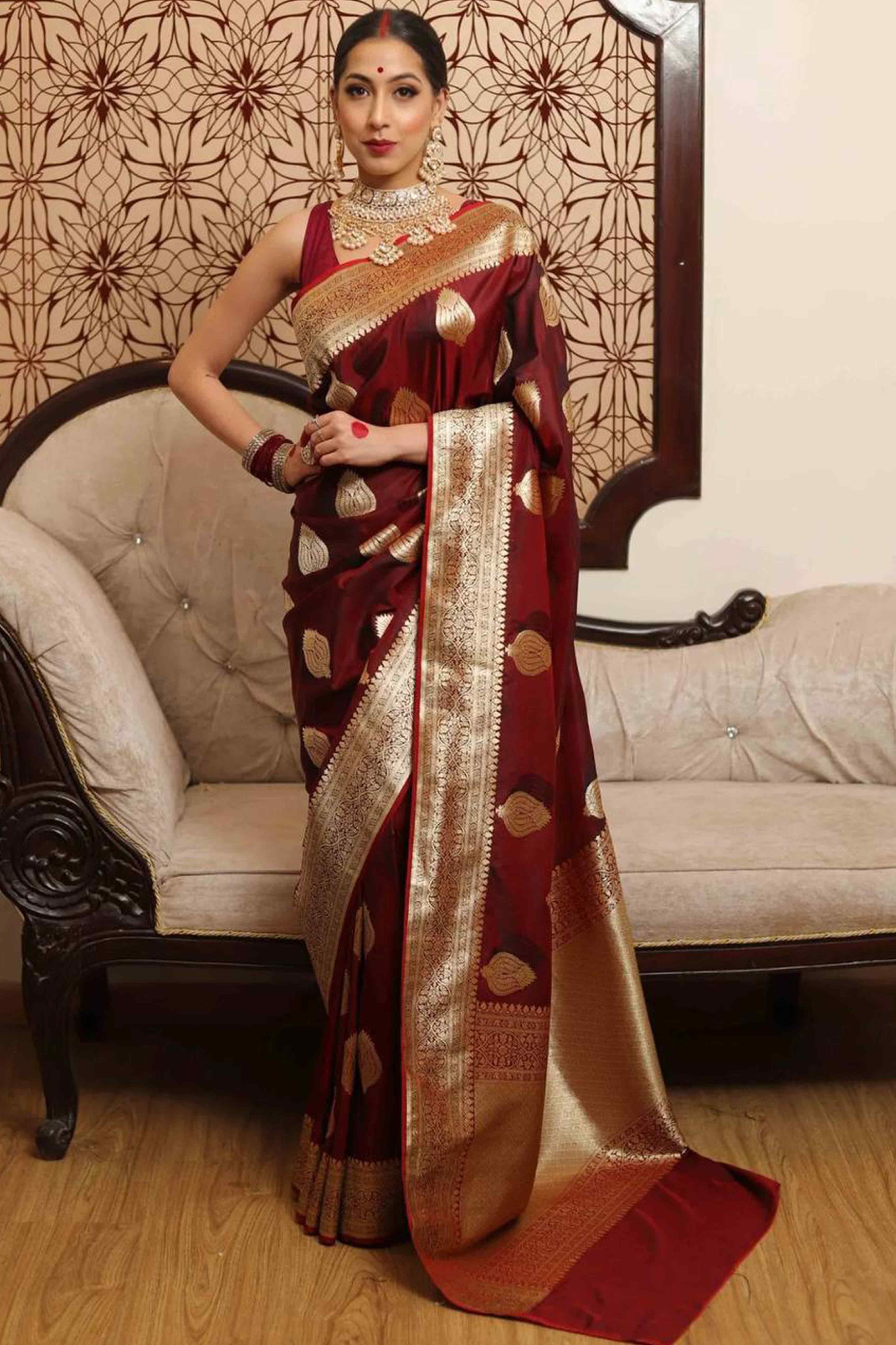 Maroon Floral Woven Lichi Banarasi Silk Saree