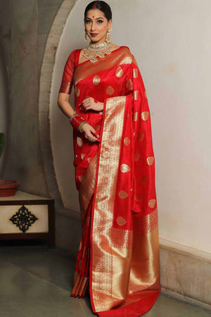 Red Floral Woven Lichi Banarasi Silk Saree