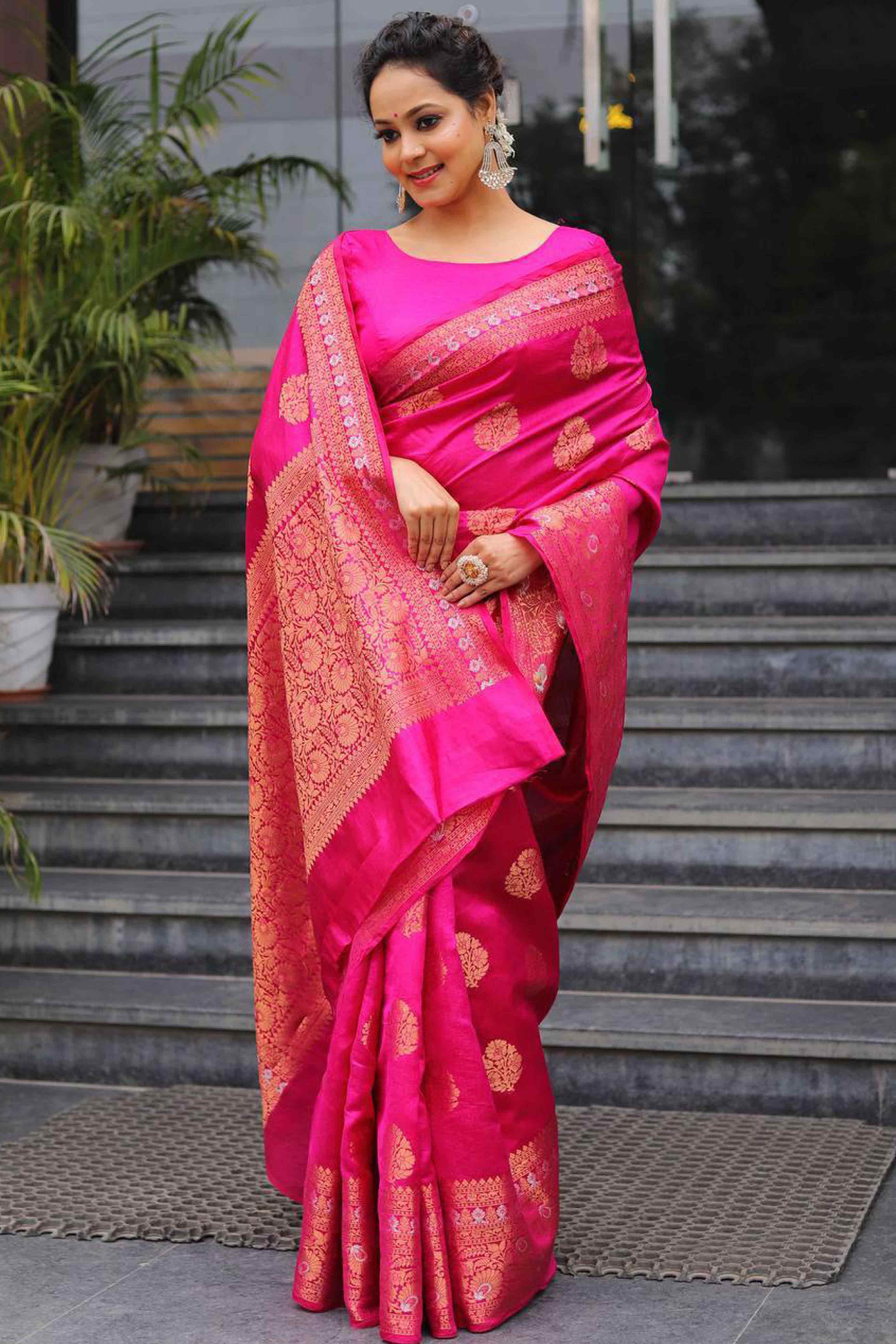 Magenta Floral Woven Banarasi Silk Saree
