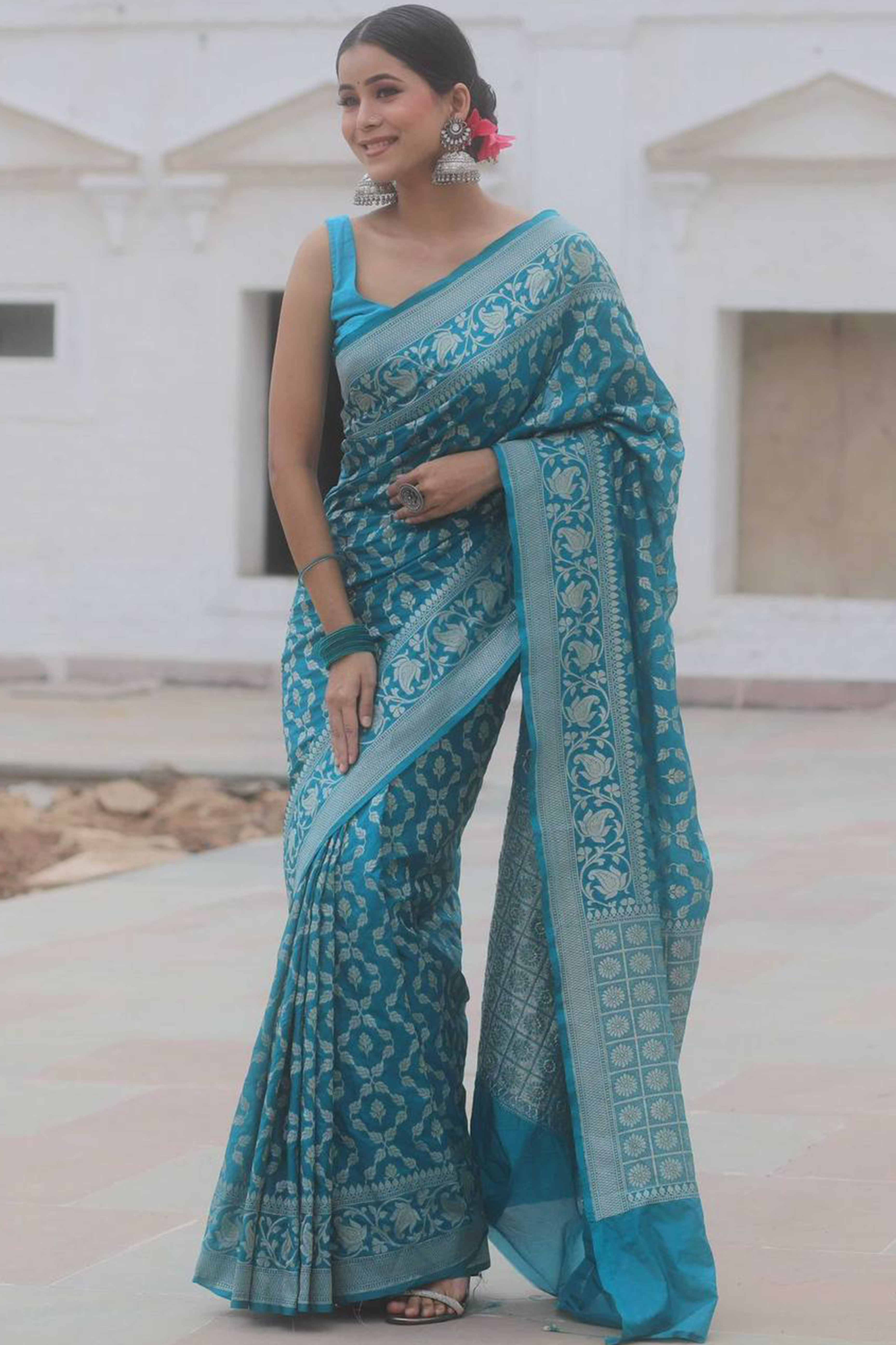 Turquoise Floral Woven Banarasi Silk Saree