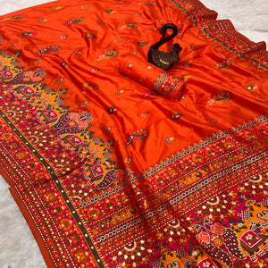 Orange Pashmina Silk Weaving Saree Designed in Classic Rajwadi Style for Festive Wear