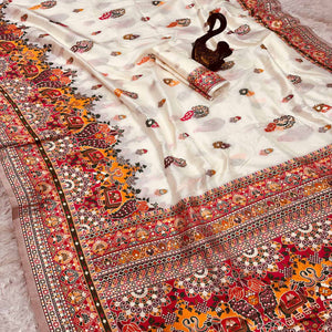 White Pashmina Silk Weaving Saree Designed in Classic Rajwadi Style for Festive Wear