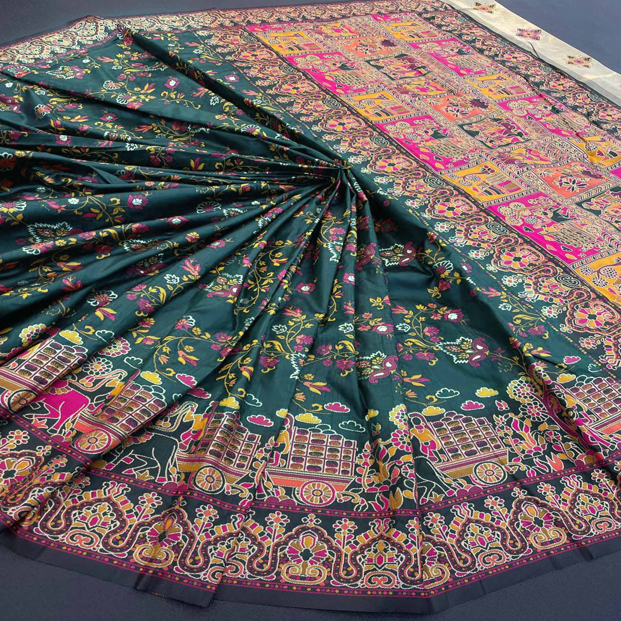 Royal Morpich Green Pashmina Silk Saree with Rajwadi Zari Weaving