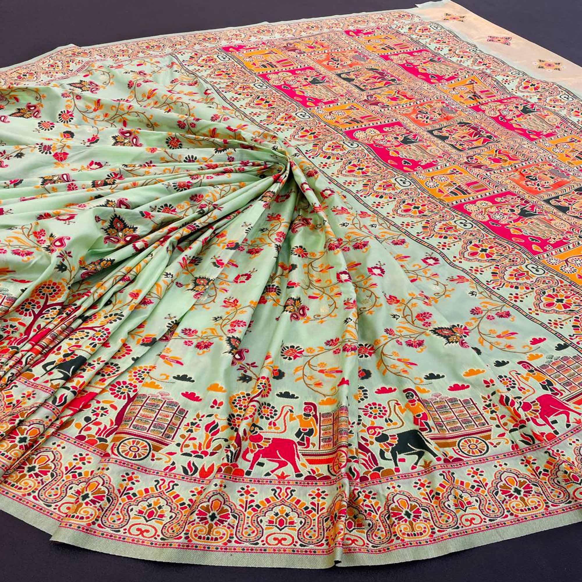 Royal Pista Green Pashmina Silk Saree with Rajwadi Zari Weaving