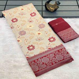 Beige & Red Designer Tissue Saree with Zari Weaving