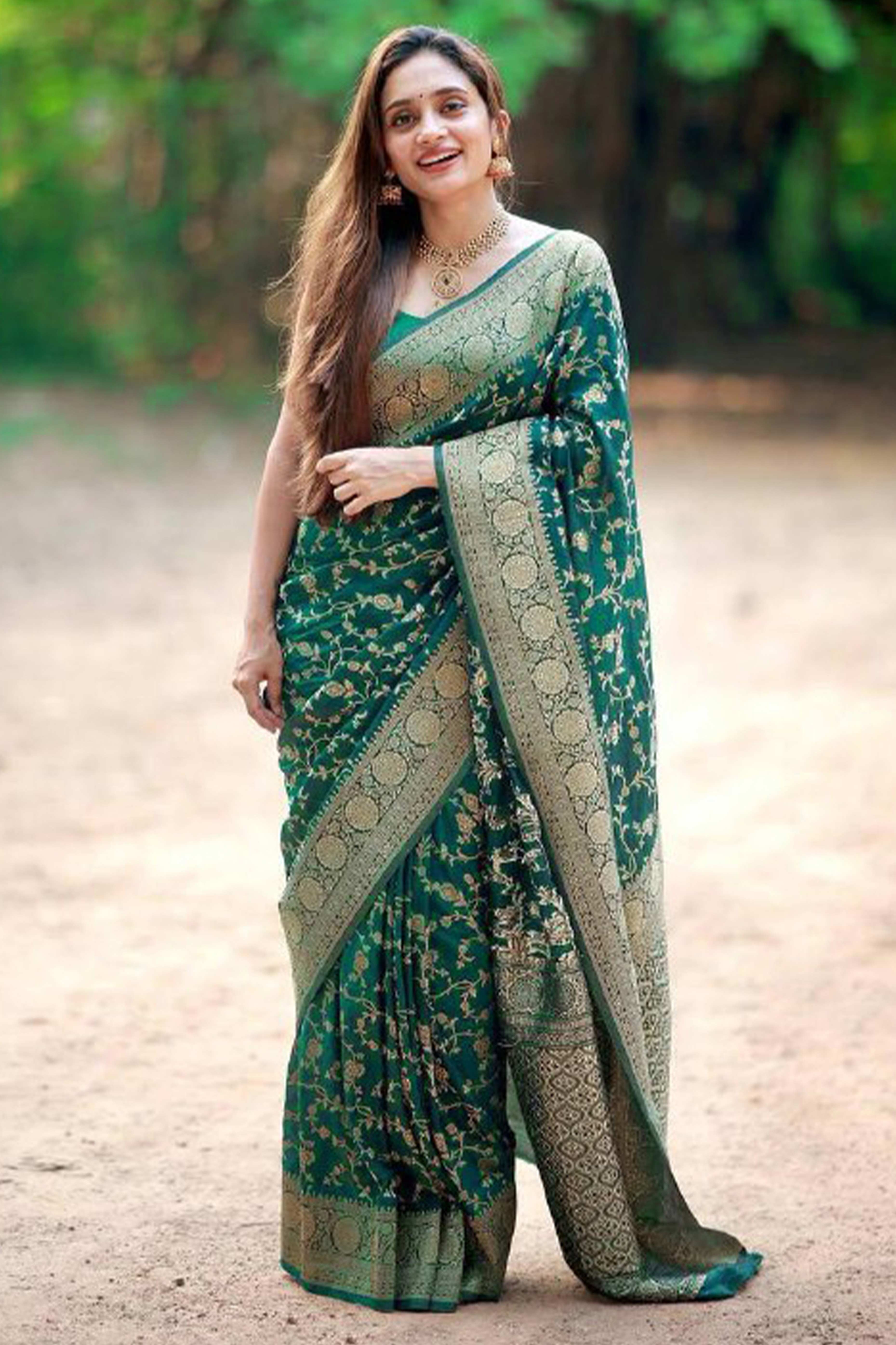 Green Saree in Pure Banarasi Silk with Artistically Woven Floral Zari Accents