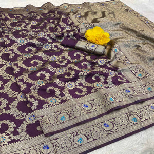 Purple Pure Silk Drape Featuring Traditional Heavy Zari Weaving for a Royal Look