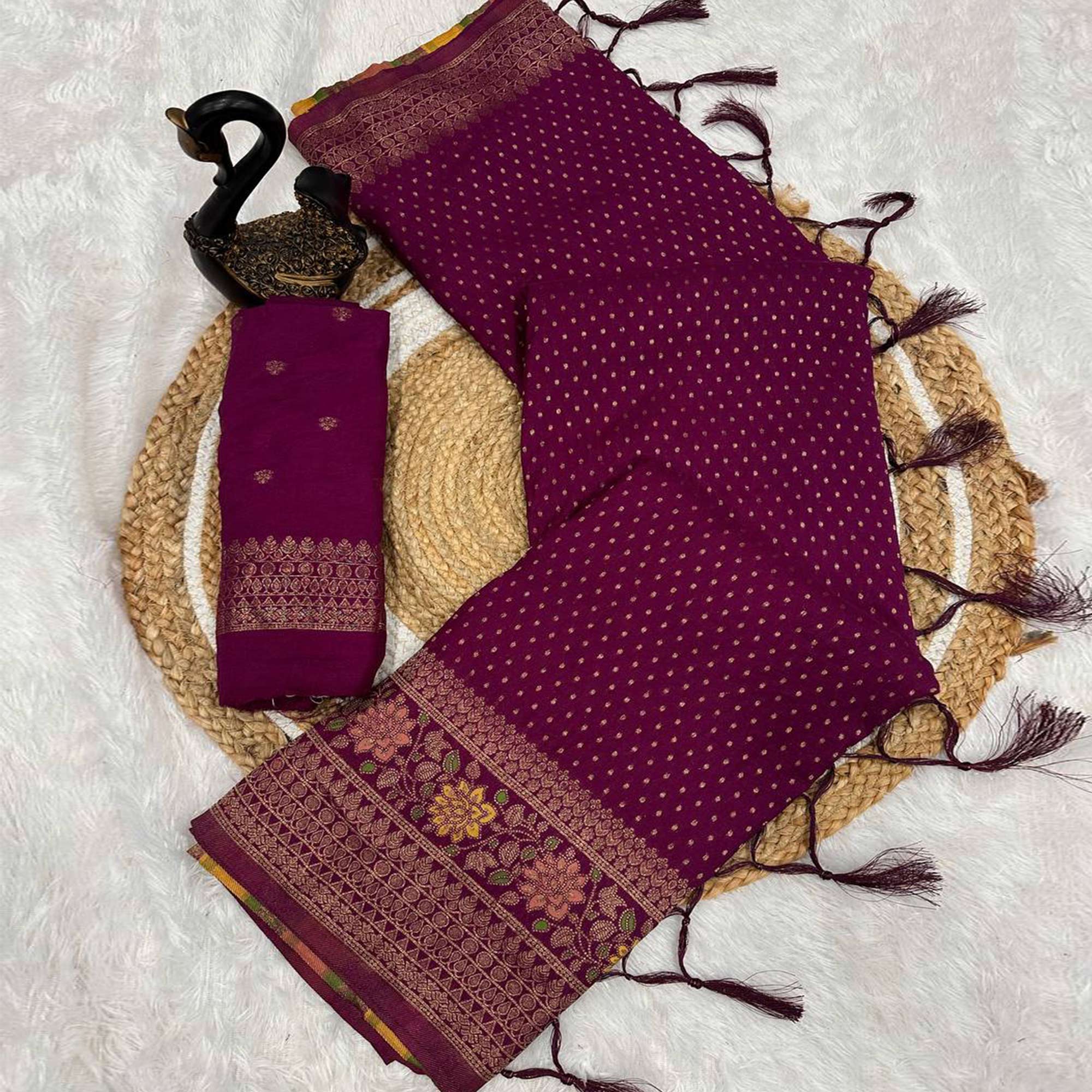 Wine Saree in Pure Georgette Featuring Delicate Zari Butti Work