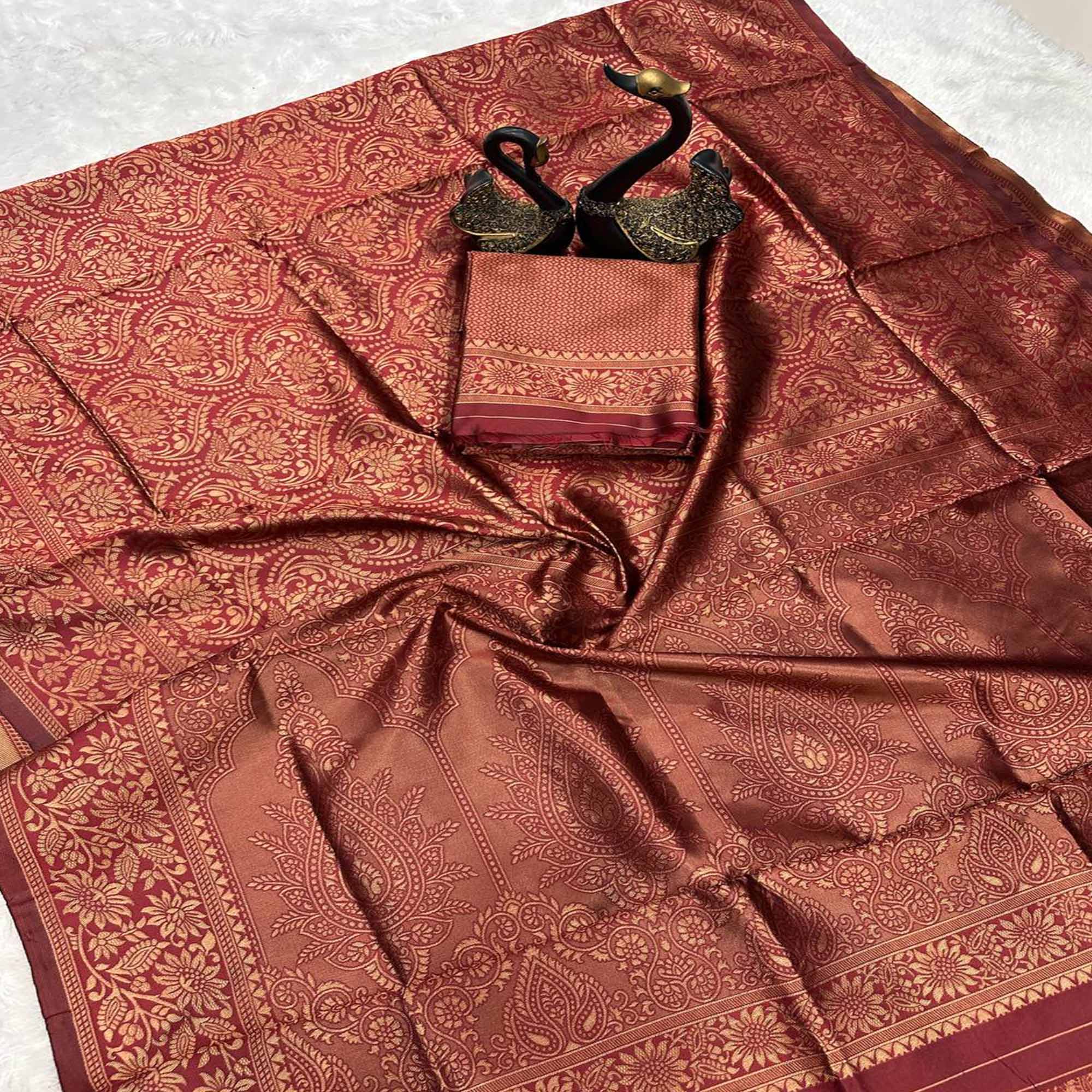 Royal Rusty Maroon Pure Silk Banarasi Saree Highlighted with Handwoven Zari Buta Motifs