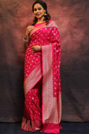 Rich Pink Banarasi Saree in Pure Silk with Traditional Zari Butti Weaving