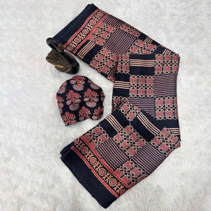 Designer Black Ajrakh Print Pure Silk Saree for Special Occasions