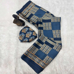 Designer Teal Ajrakh Print Pure Silk Saree for Special Occasions