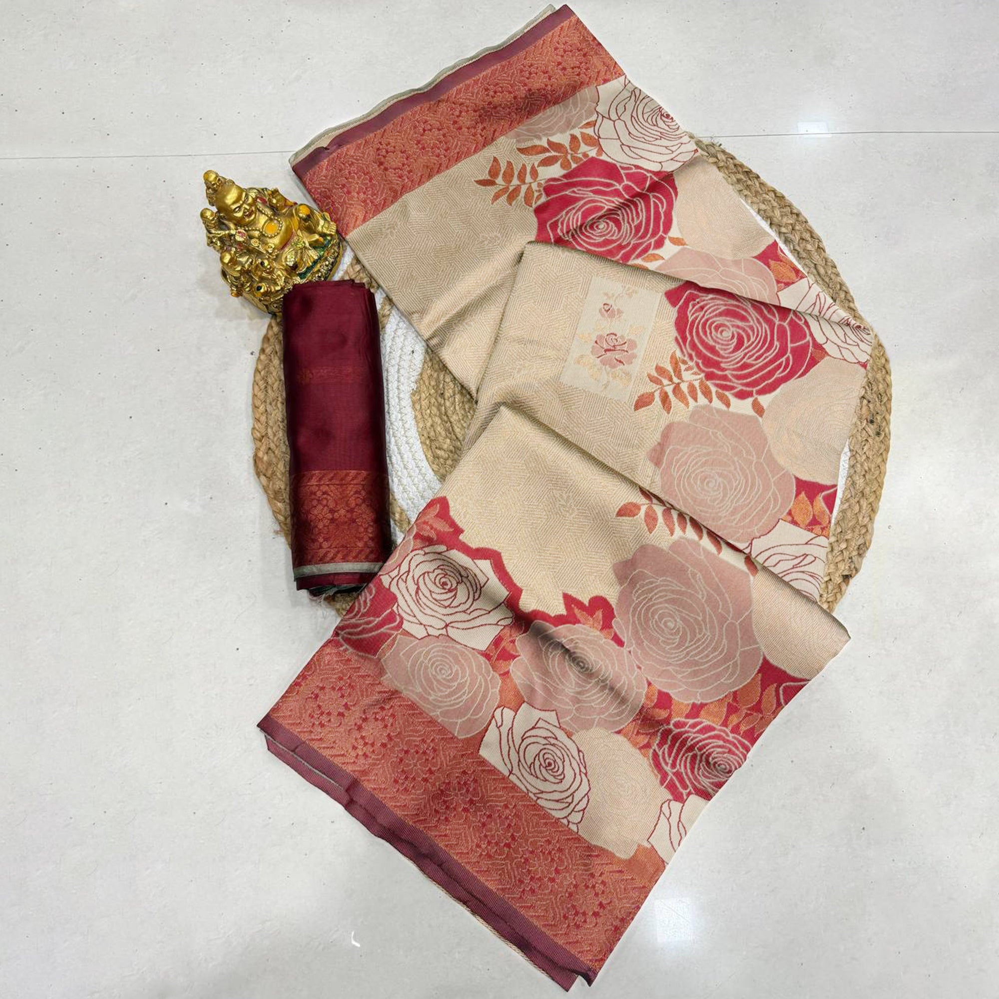 Beige Handloom Banarasi Silk Saree Enhanced with Artistic Floral Zari Weaving for Timeless Appeal