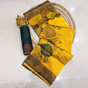 Mustard Handloom Banarasi Silk Saree Enhanced with Artistic Floral Zari Weaving for Timeless Appeal