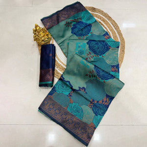 Teal Handloom Banarasi Silk Saree Enhanced with Artistic Floral Zari Weaving for Timeless Appeal