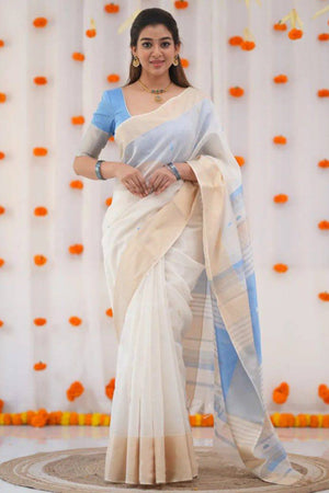 White and Blue Zari-Woven Linen Cotton Saree Offering a Refined Festive Look