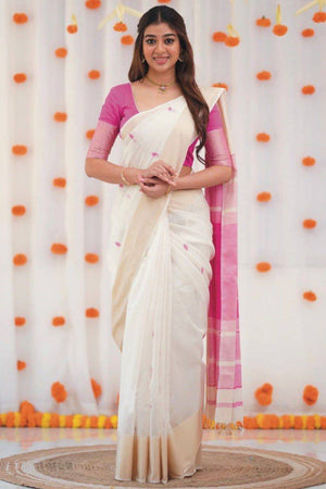 White and Pink Zari-Woven Linen Cotton Saree Offering a Refined Festive Look
