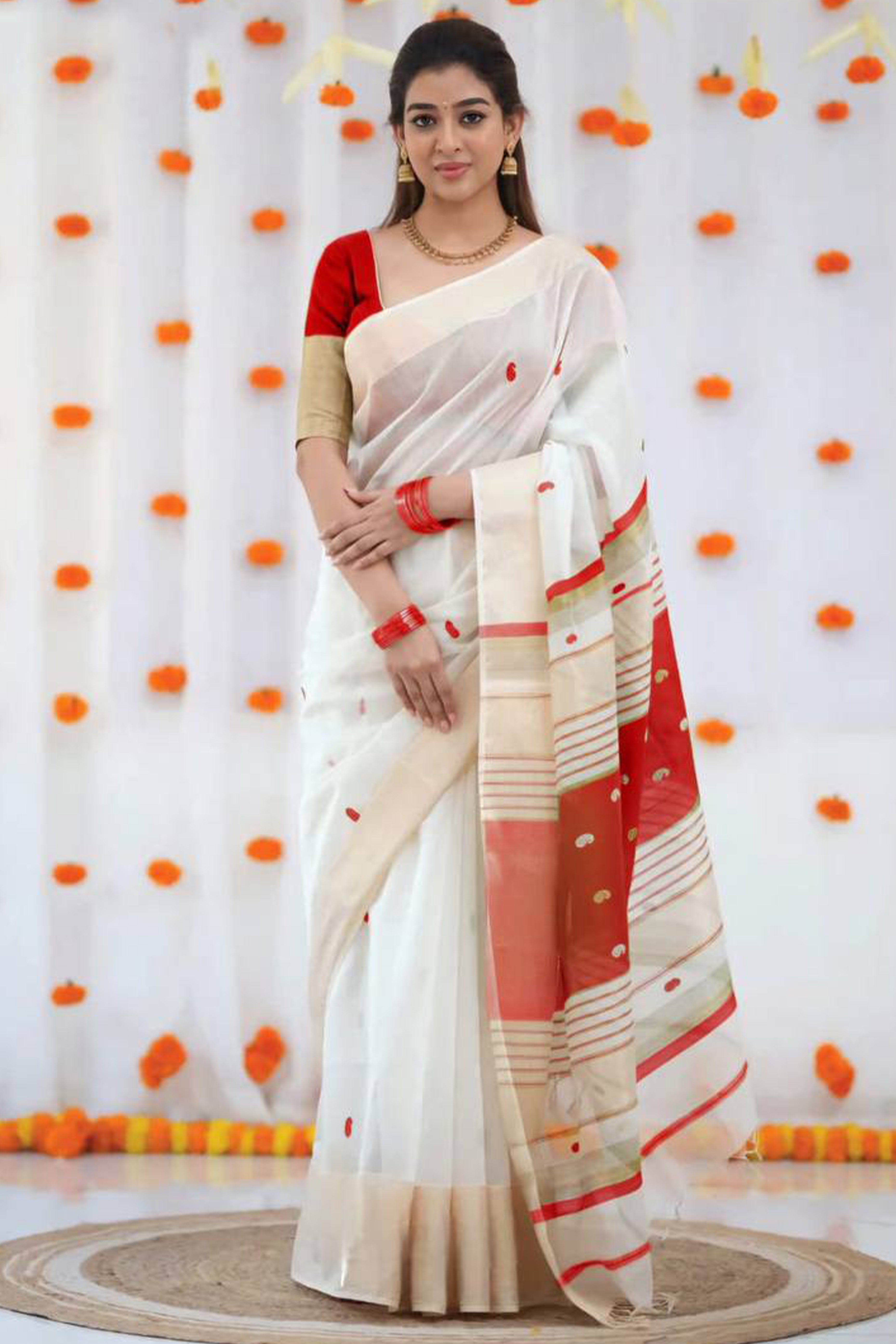 White and Red Zari-Woven Linen Cotton Saree Offering a Refined Festive Look