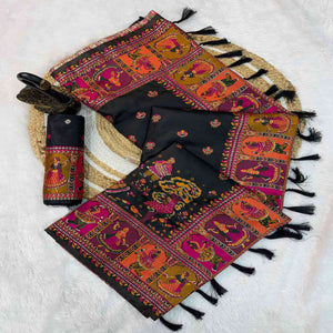 Black Pashmina Silk Saree Enhanced with Intricate Rajwadi Zari Weaves for Festive Elegance