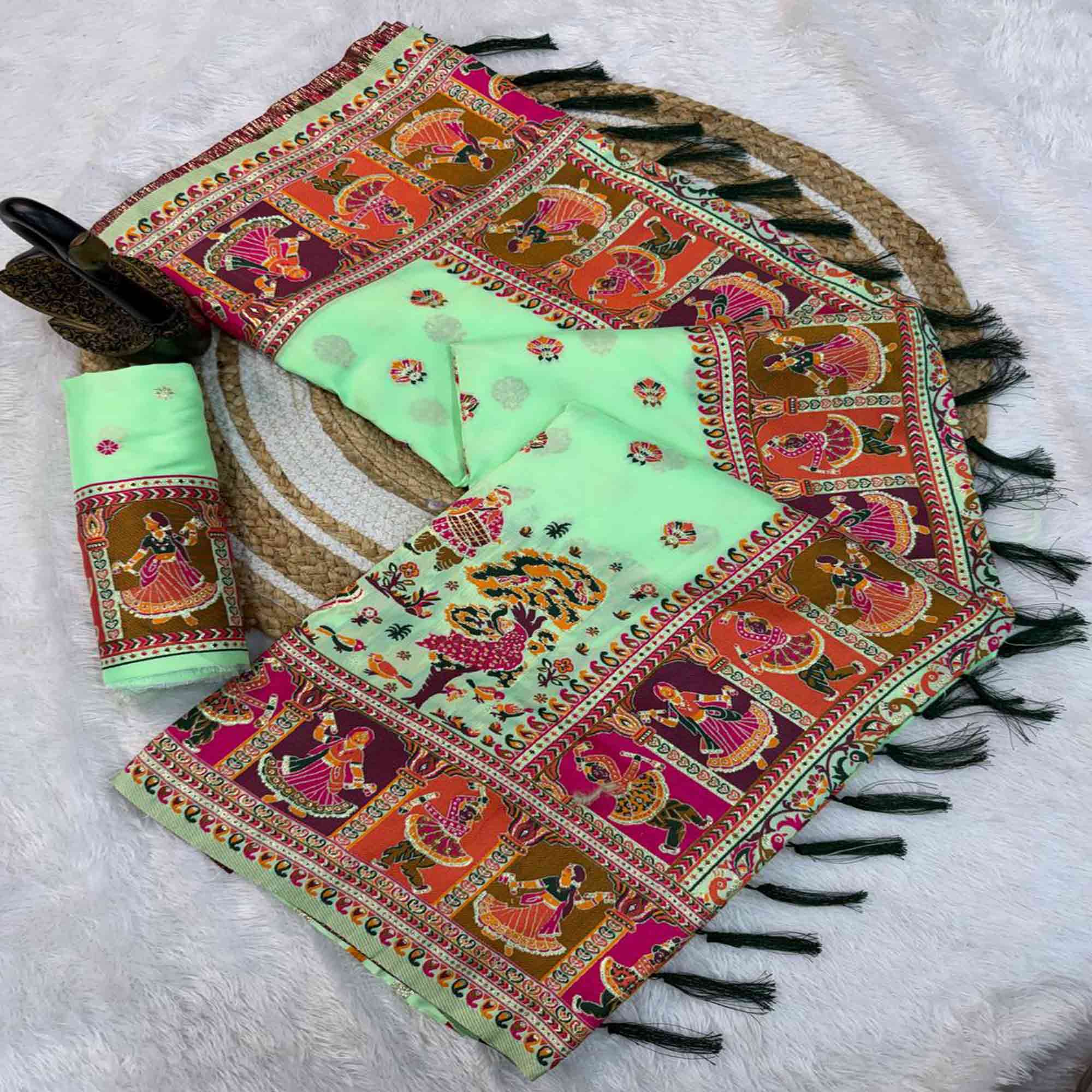 Pista Green Pashmina Silk Saree Enhanced with Intricate Rajwadi Zari Weaves for Festive Elegance