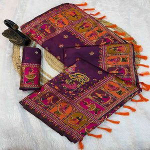 Purple Pashmina Silk Saree Enhanced with Intricate Rajwadi Zari Weaves for Festive Elegance