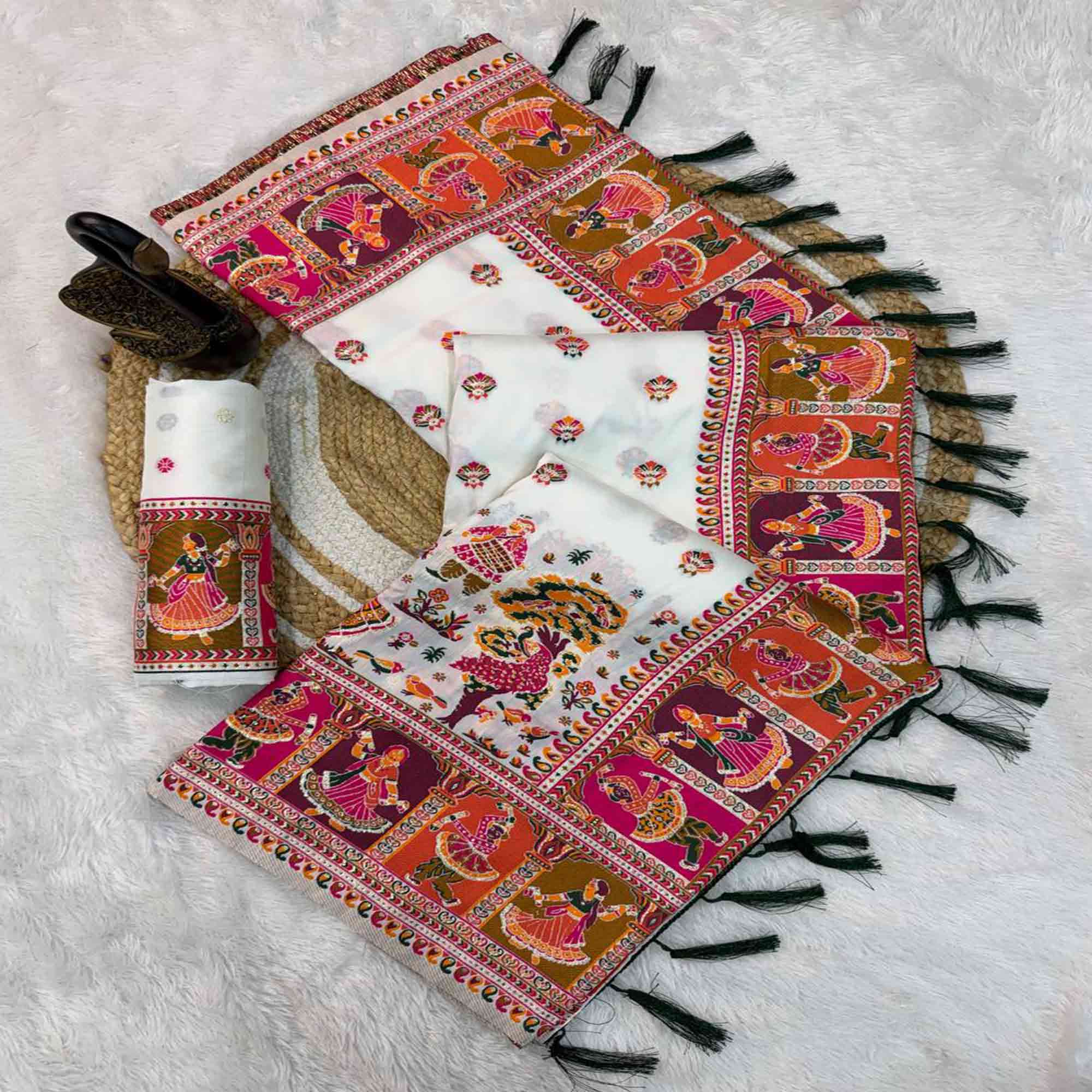 White Pashmina Silk Saree Enhanced with Intricate Rajwadi Zari Weaves for Festive Elegance