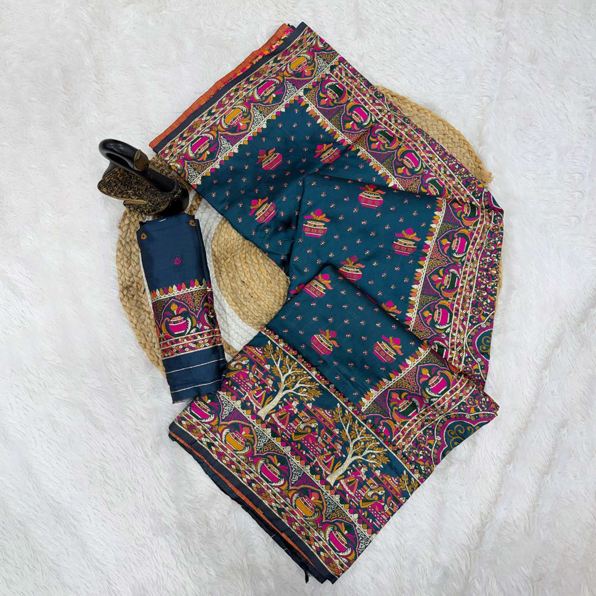 Teal Madhubani Inspired Weaving Pashmina Silk Saree Perfect for Refined Festive