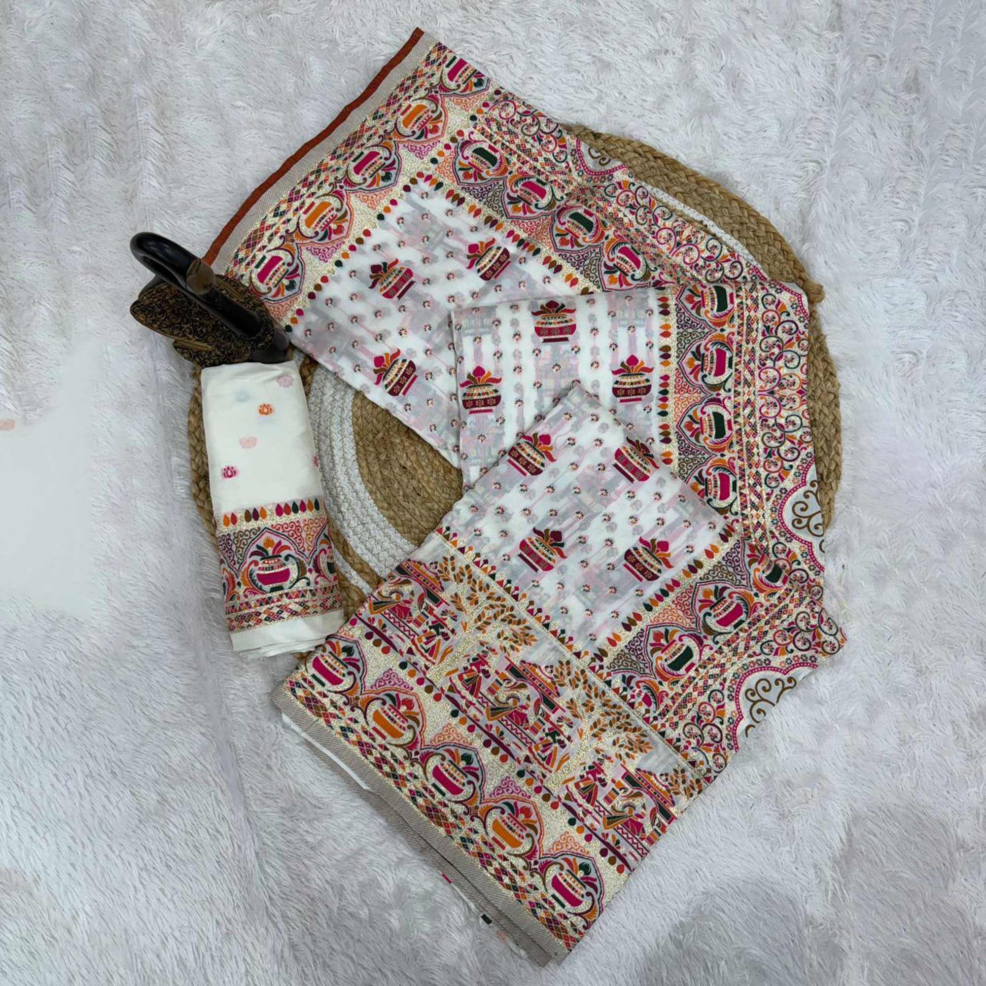 White Madhubani Inspired Weaving Pashmina Silk Saree Perfect for Refined Festive