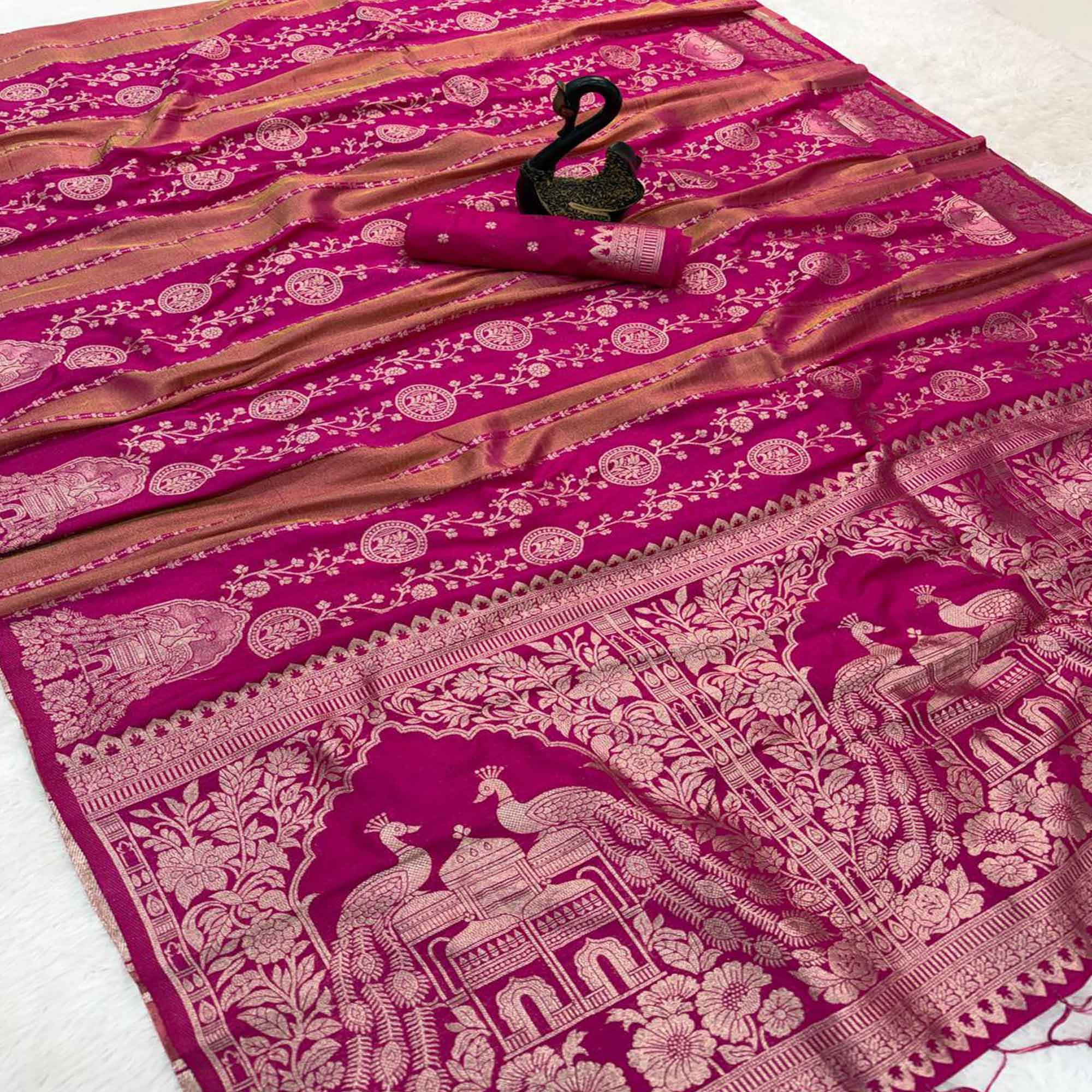 Pink Festive Wear Chinya Tissue Silk Saree Enhanced with Intricate Zari Weaving Detailing