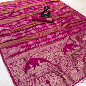 Pink Festive Wear Chinya Tissue Silk Saree Enhanced with Intricate Zari Weaving Detailing